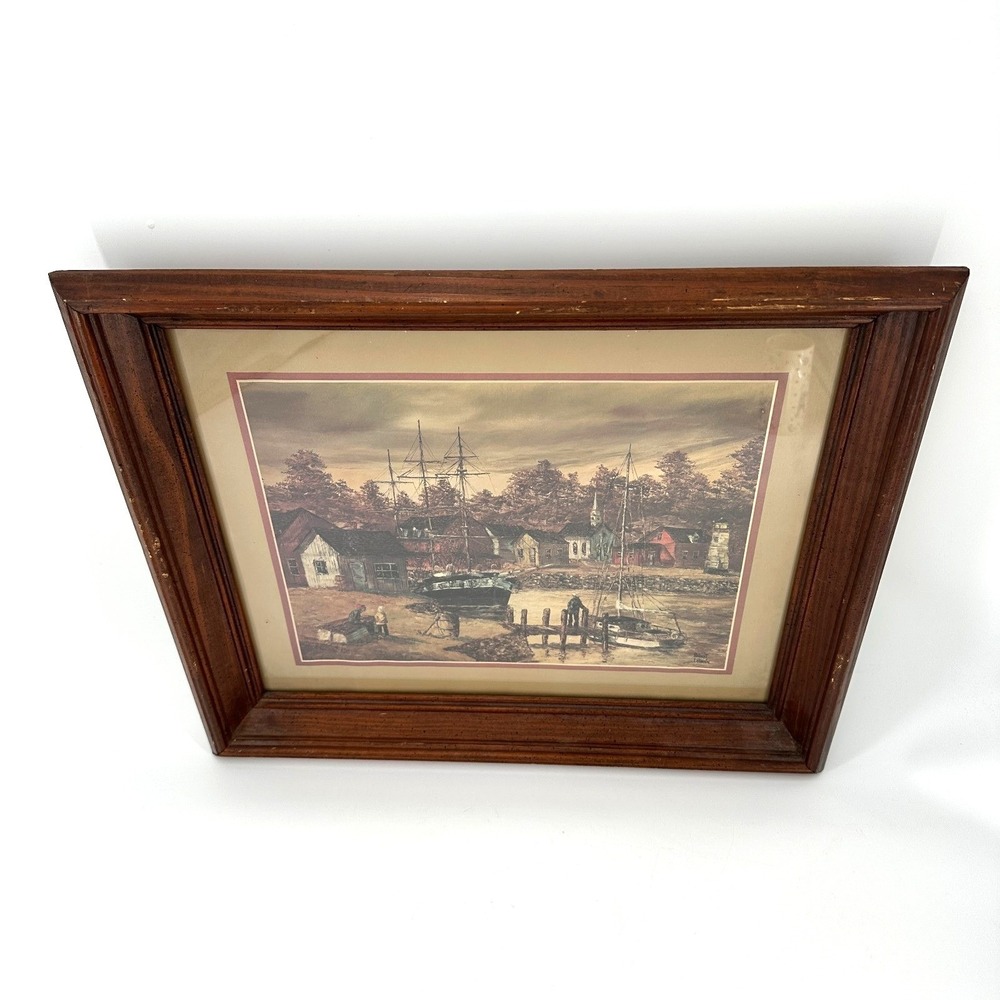 Robert Lebron Framed Harbor‎ Scene Print - Vintage Nautical Art 17x21